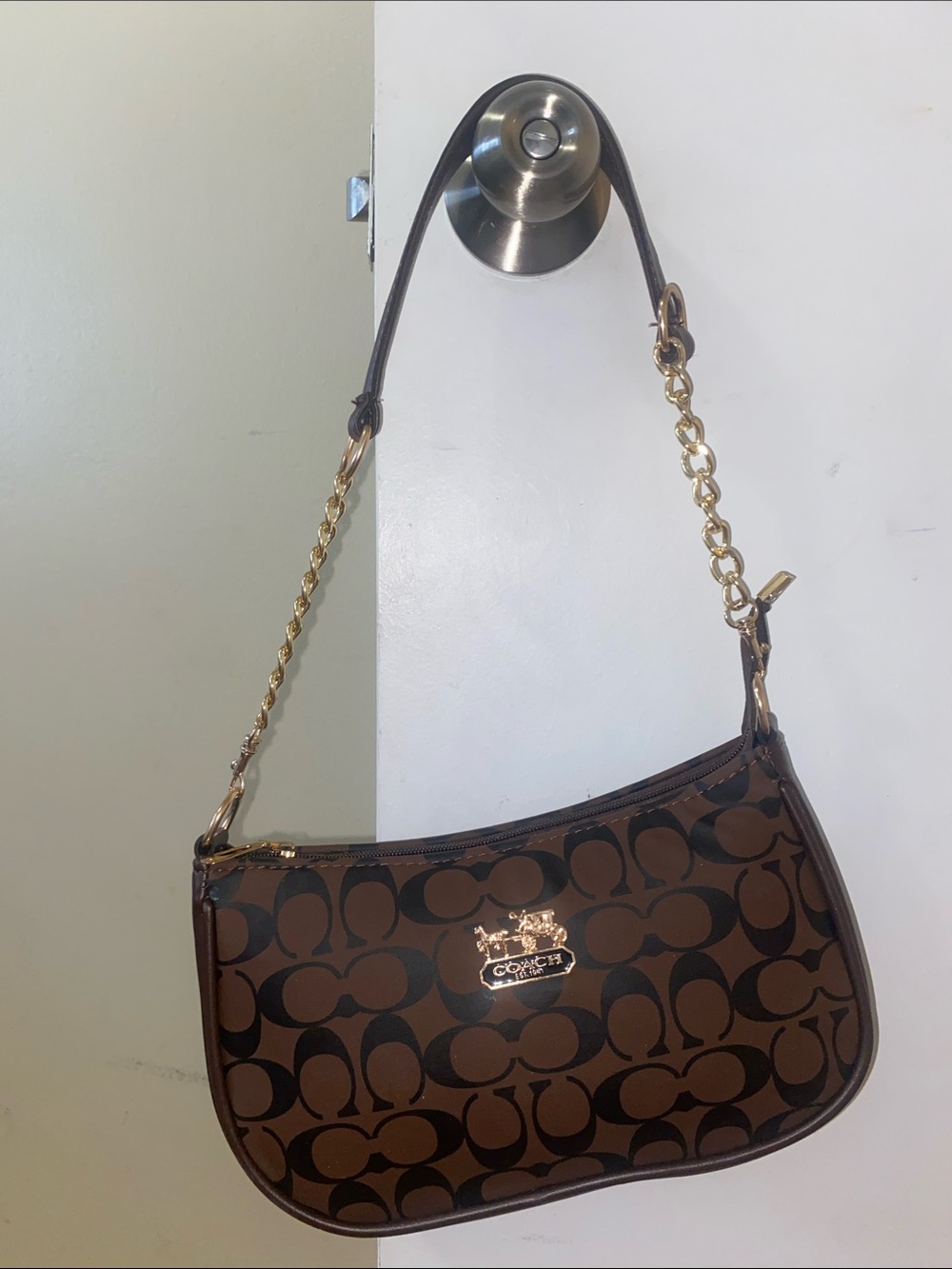 Coach Brown Monogram Shoulder Bag with Gold Chain